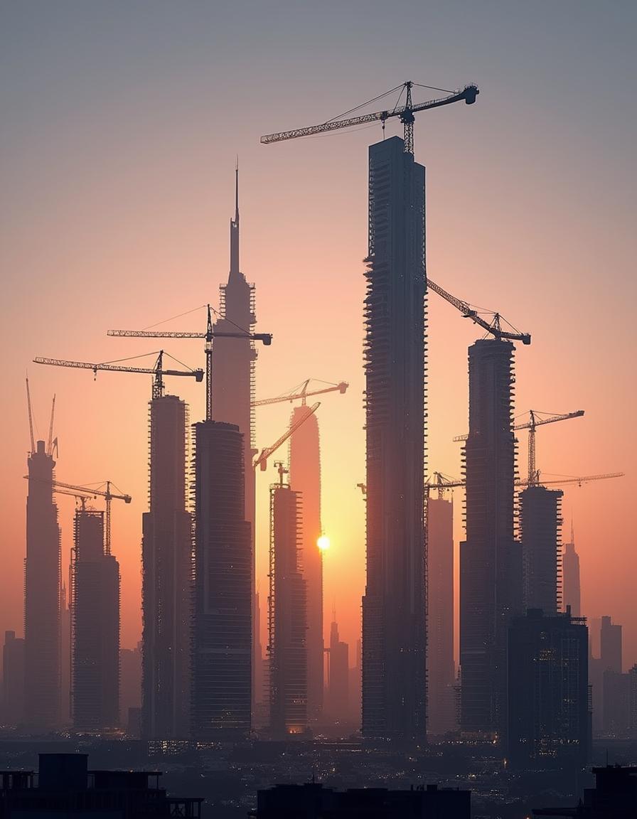 Dubai skyscrapers under construction with cranes at sunset