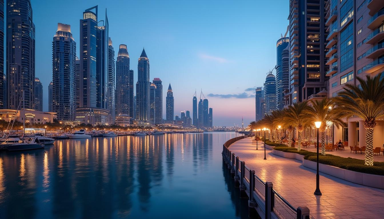 Dubai luxury waterfront promenade at twilight with modern towers