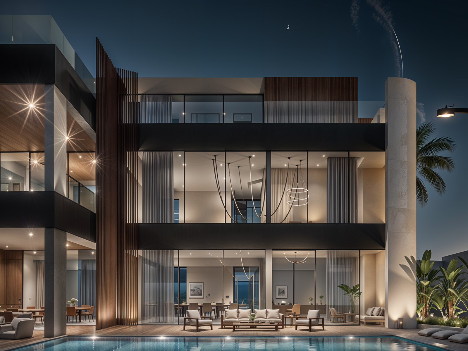 Modern villa exterior at night