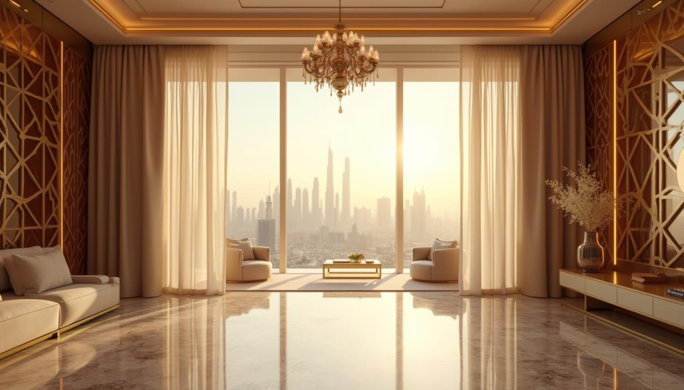 Ultra-luxury Dubai penthouse interior with golden chandelier and skyline view